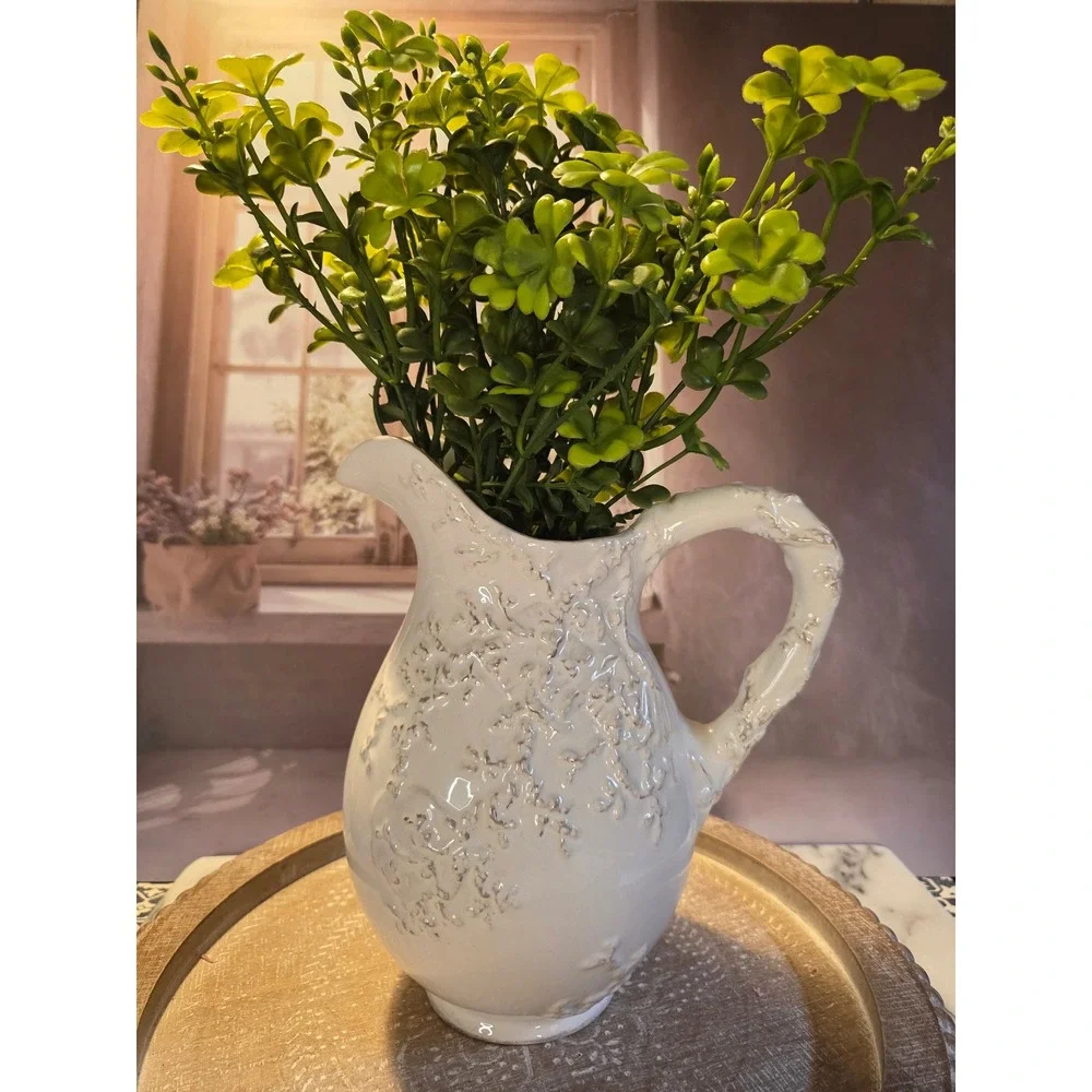 Vintage Italian Style Ceramic Floral‎ Embossed Pitcher Farmhouse Creamer Vase